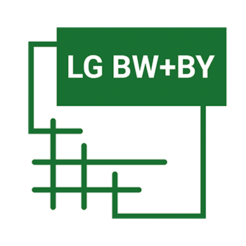 Grafik mit dem Logo "LG BW+BY" in grüner Schrift und geometrischem Design.