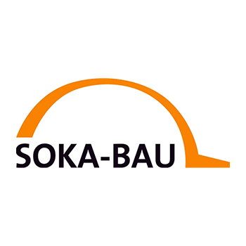 Logo von SOKA-BAU mit orangefarbenem Bogen und schwarzem Schriftzug.